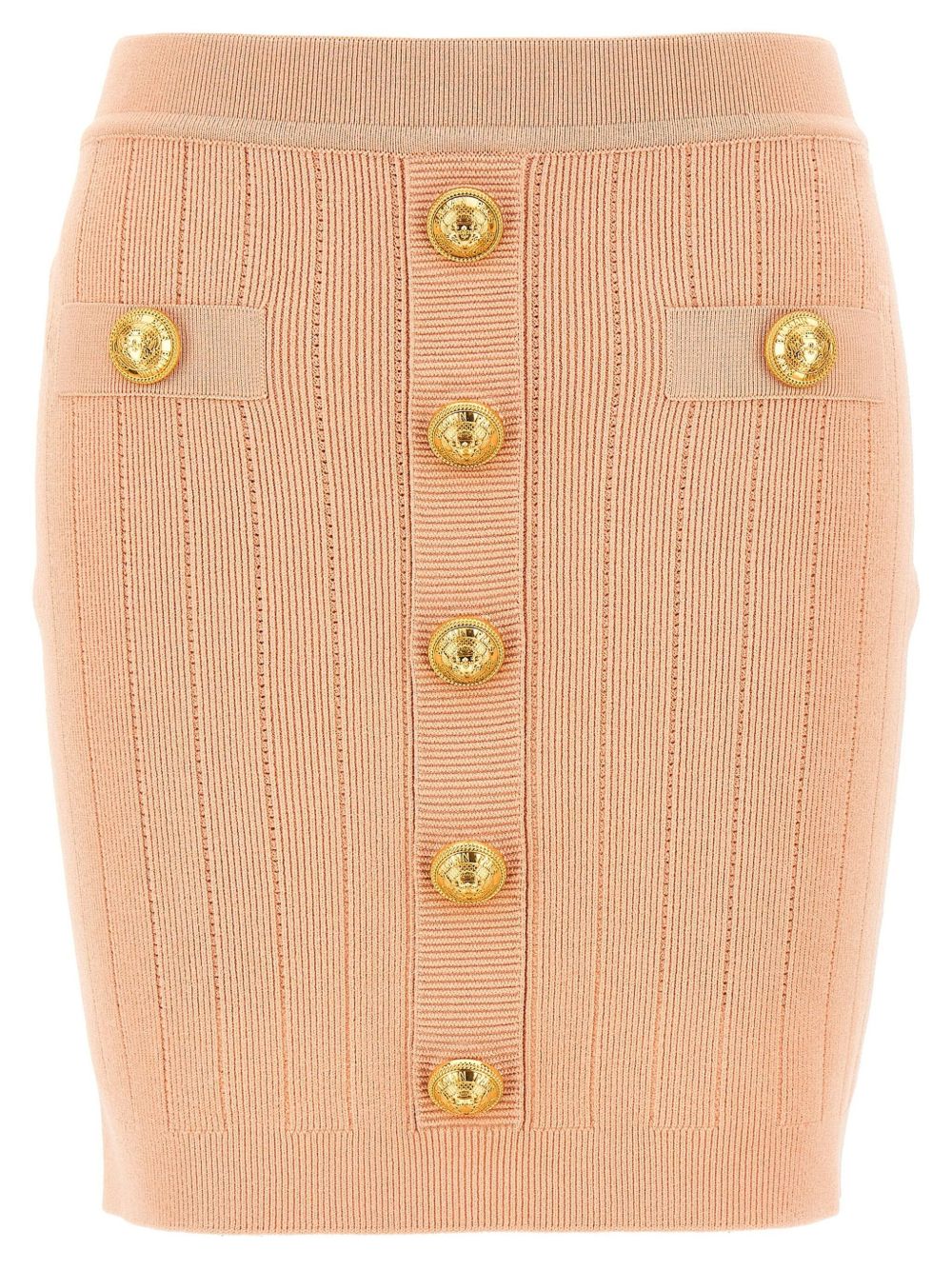 Balmain Gold-Button Ribbed Knit Skirt — Powder Pink