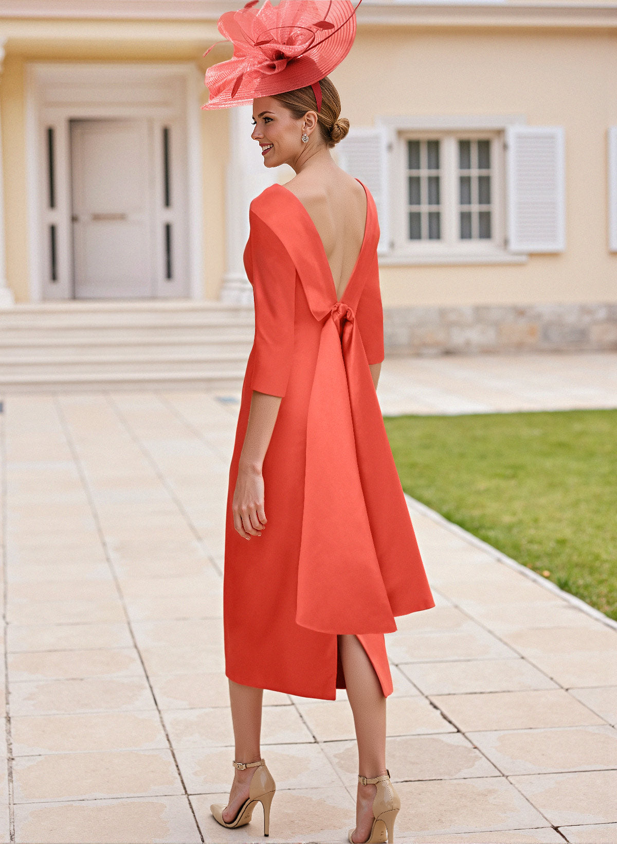 Sheath/Column Scoop Neck Satin Cocktail Dresses With Bow(s)