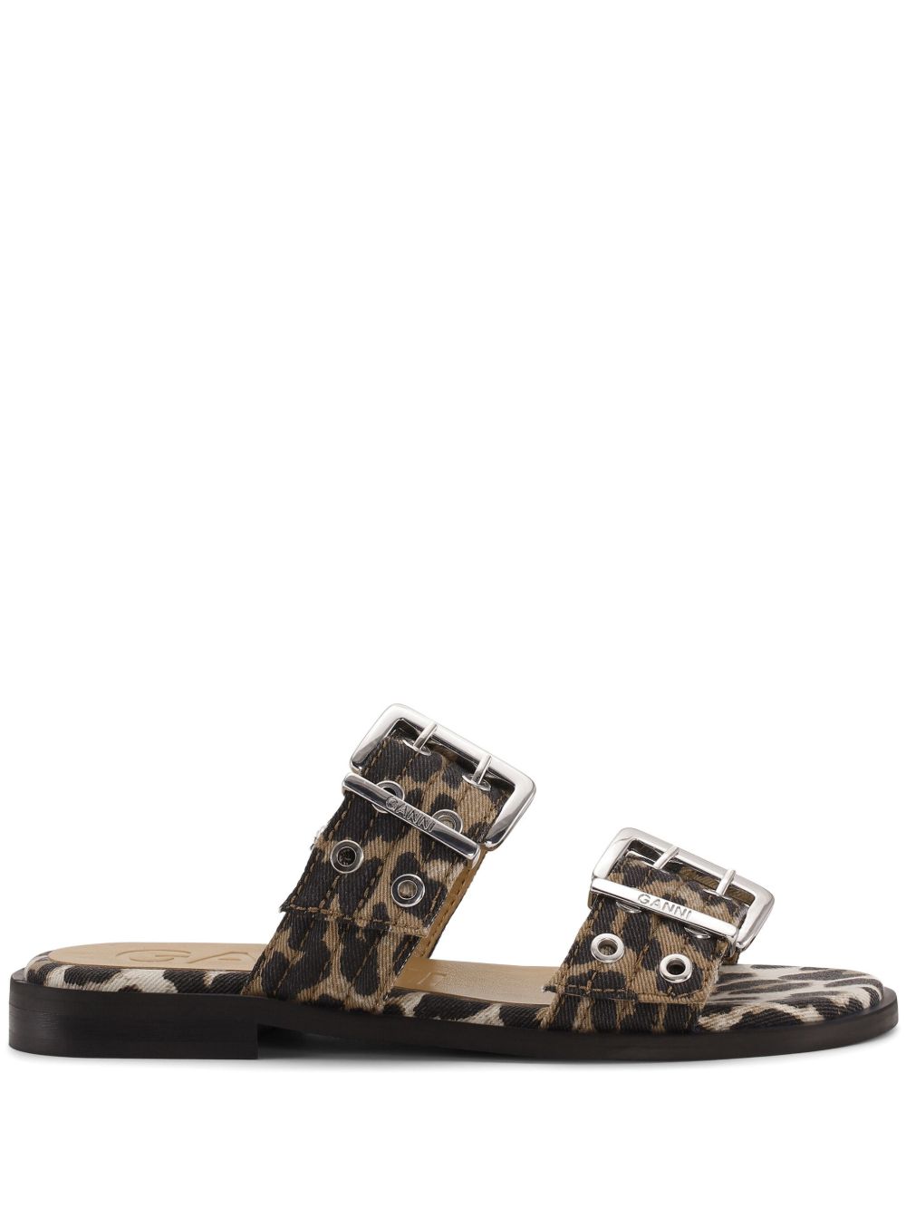 Ganni Leopard Print Buckle Sandals — Brown