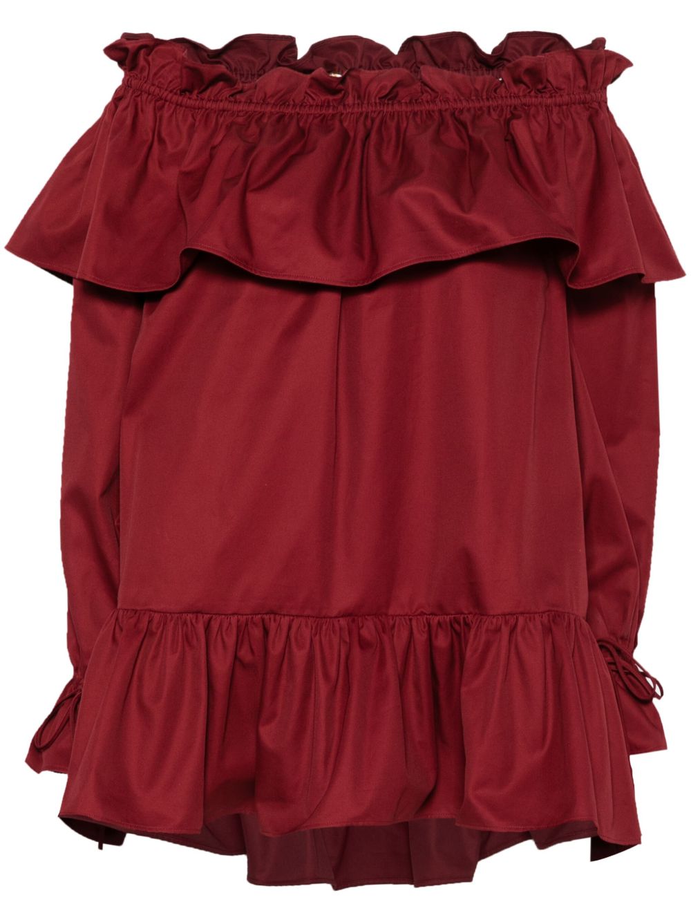 Saint Laurent Ruffled Off-Shoulder Cotton Dress — Bordeaux
