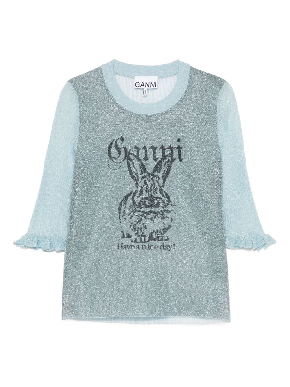 Ganni Bunny-Embroidered T-shirt — light blue