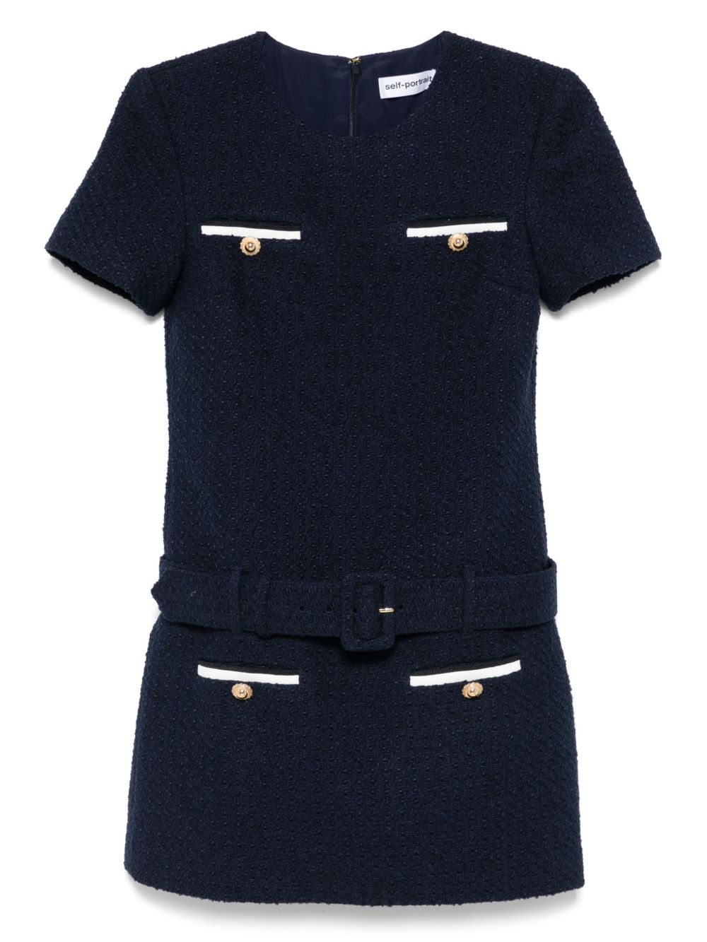 Self-Portrait Boucle Tweed Belted Dress — Navy