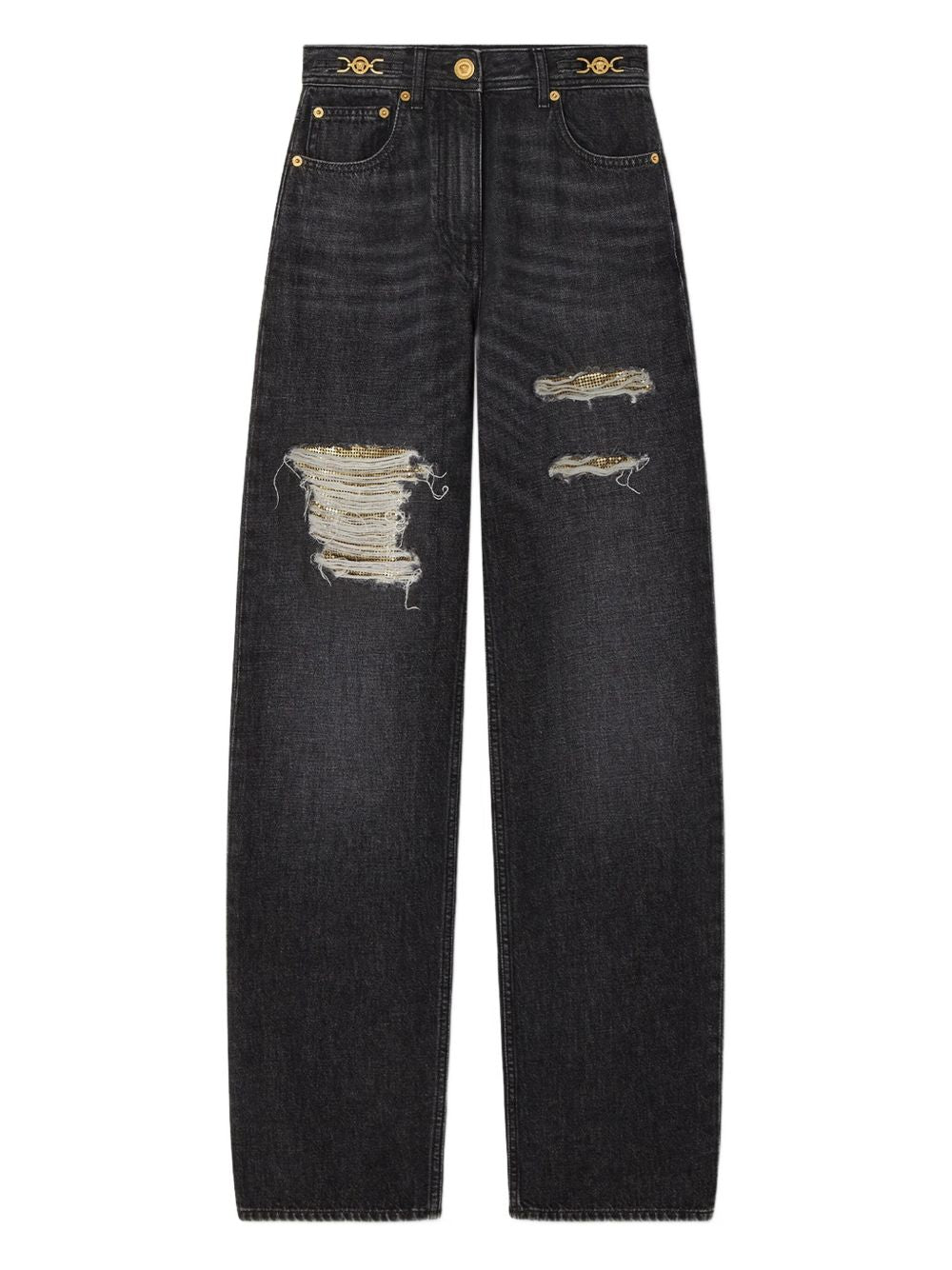 Versace Metal-Mesh Ripped Jeans — Black