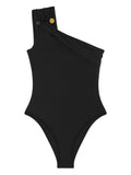 Versace One-Shoulder Safety Pin Detail Swimsuit — Black