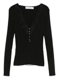 Self-Portrait Lace-Trimmed Ribbed Sweater — Black