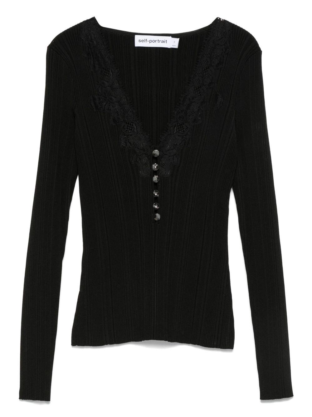 Self-Portrait Lace-Trimmed Ribbed Sweater — Black