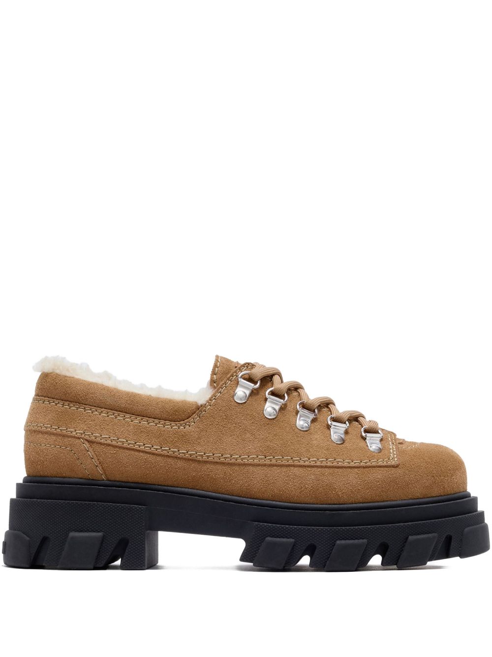 Ganni Suede Lace-Up Shearling-Lined Derby Flat — Brown