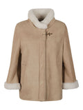 Fay Shearling-Trimmed Leather Cape — Beige