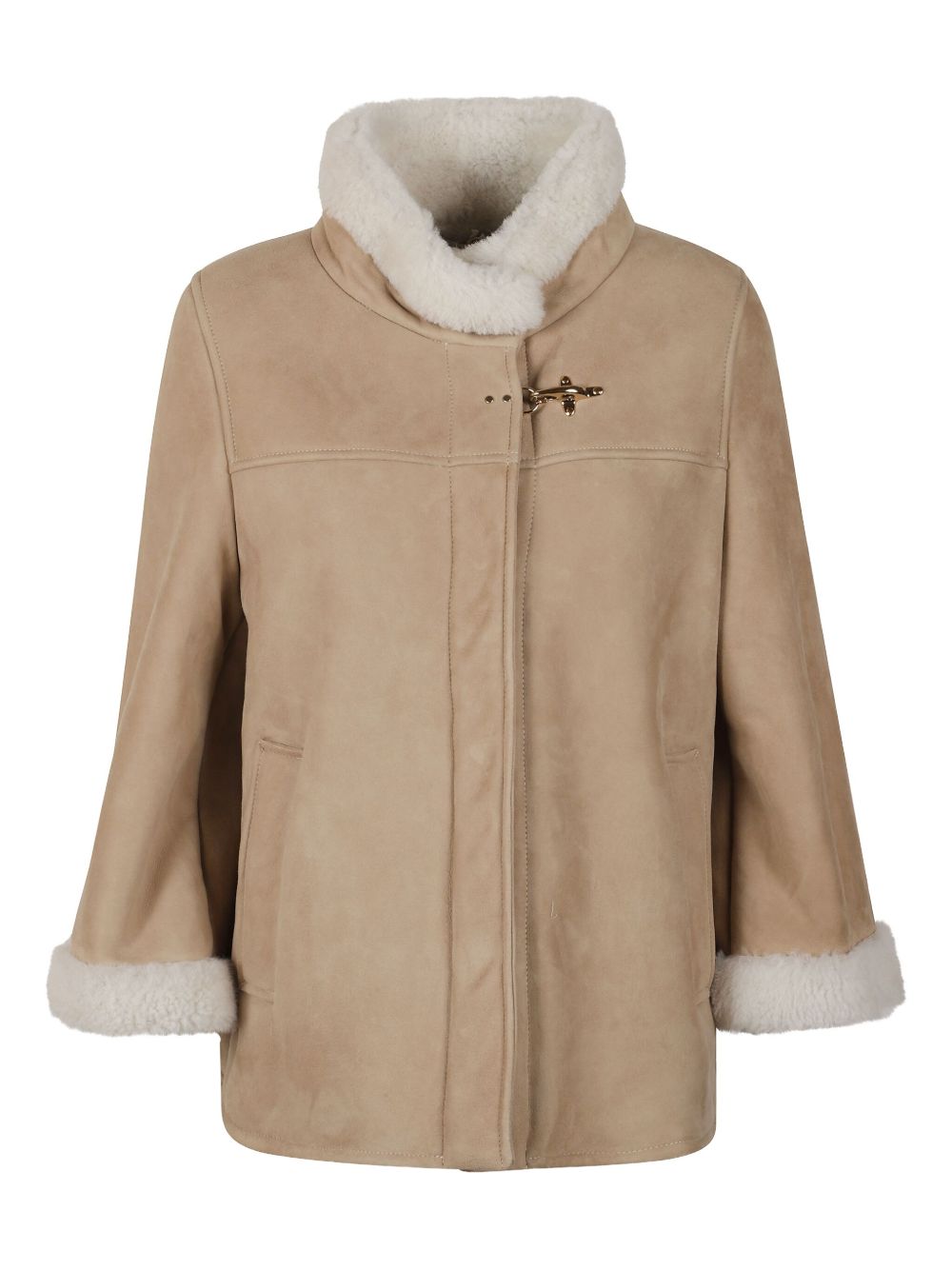 Fay Shearling-Trimmed Leather Cape — Beige