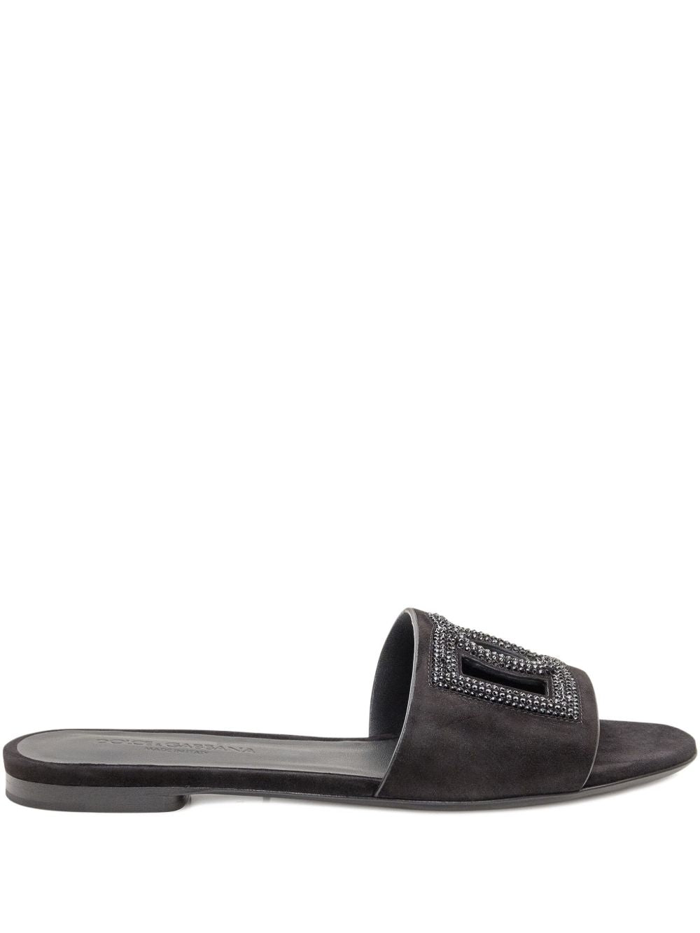 Dolce & Gabbana Suede DG Logo with Rhinestone Detail Slide — Black