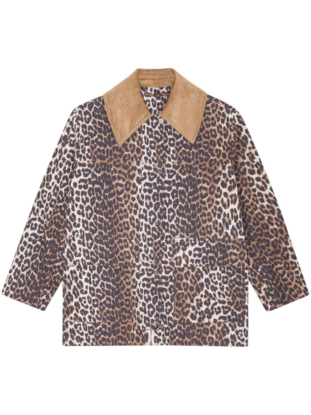 Ganni Leopard-Print Organic Cotton Jacket — Brown