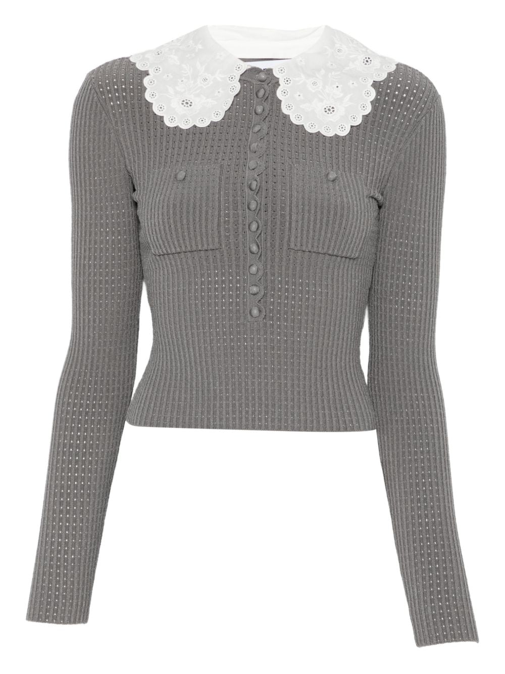 Self-Portrait Eyelet and Lace Collar Sweater — Grey