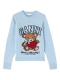 Ganni Teddy Bear Graphic Wool Sweater — Light Blue