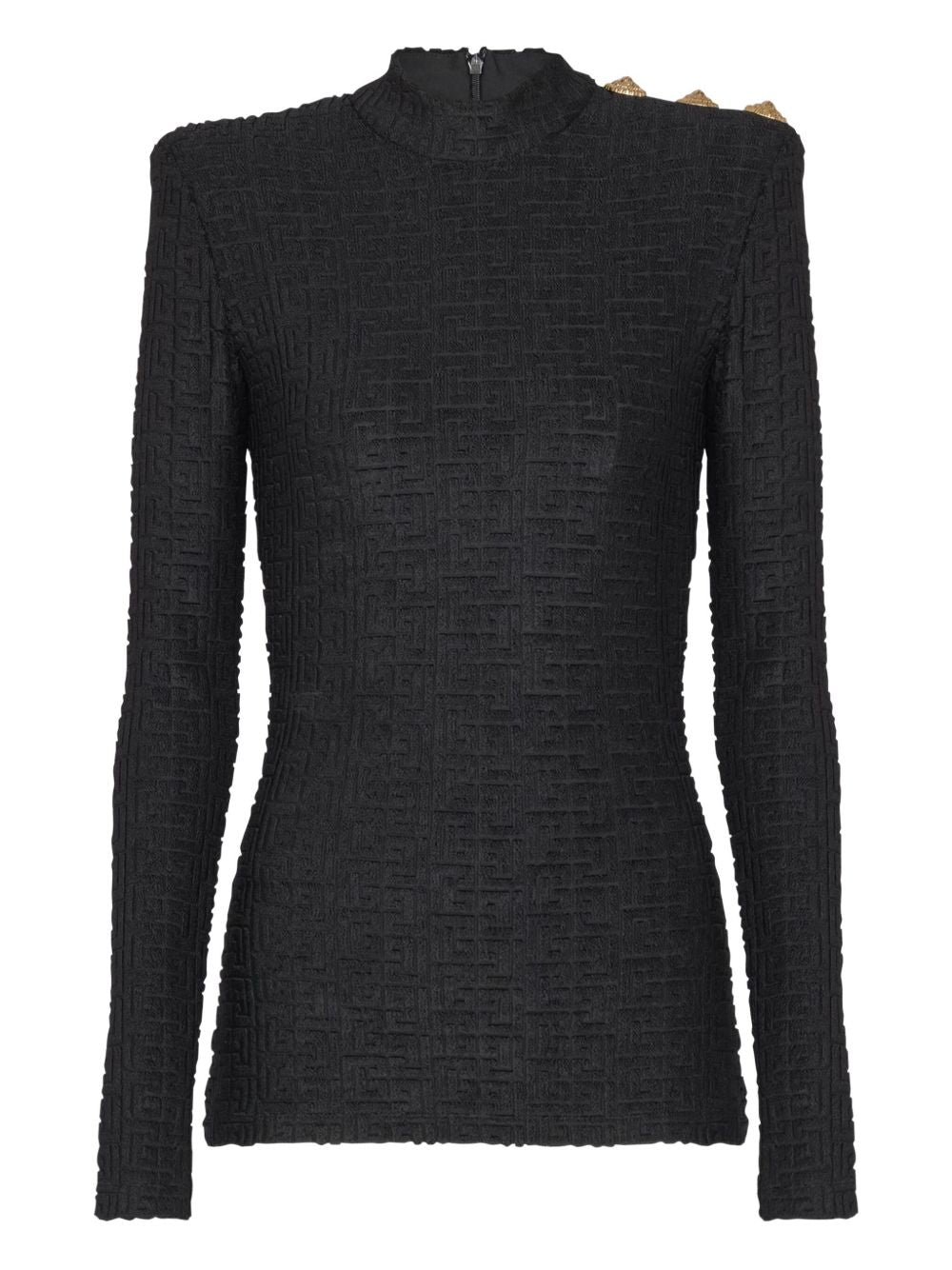 Balmain Monogram Bouclette High-Neck Top — Black