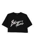 Balmain Flocked Logo Cropped T-Shirt — Black