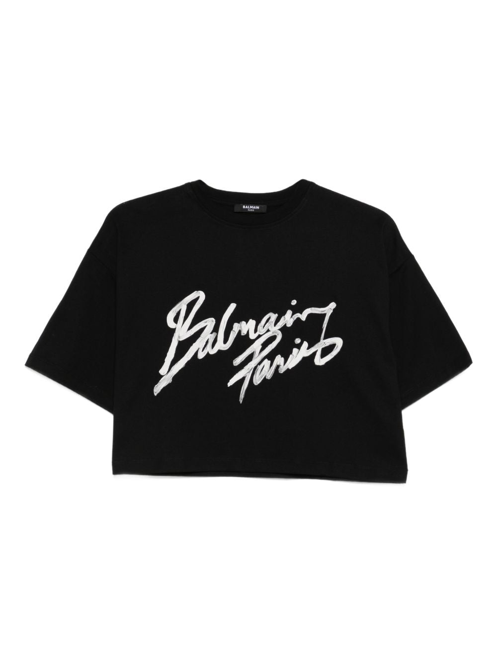 Balmain Flocked Logo Cropped T-Shirt — Black