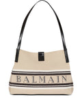Balmain Canvas and Calfskin Shoulder Bag — Beige