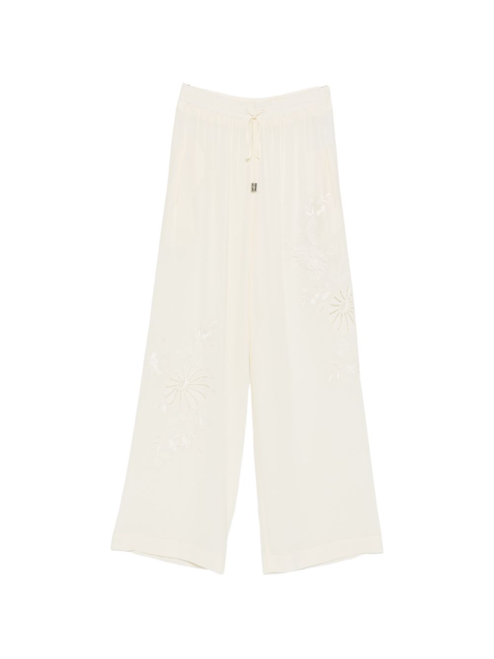 Ermanno Scervino Silk Floral Embroidery Pajama Trousers — Ivory