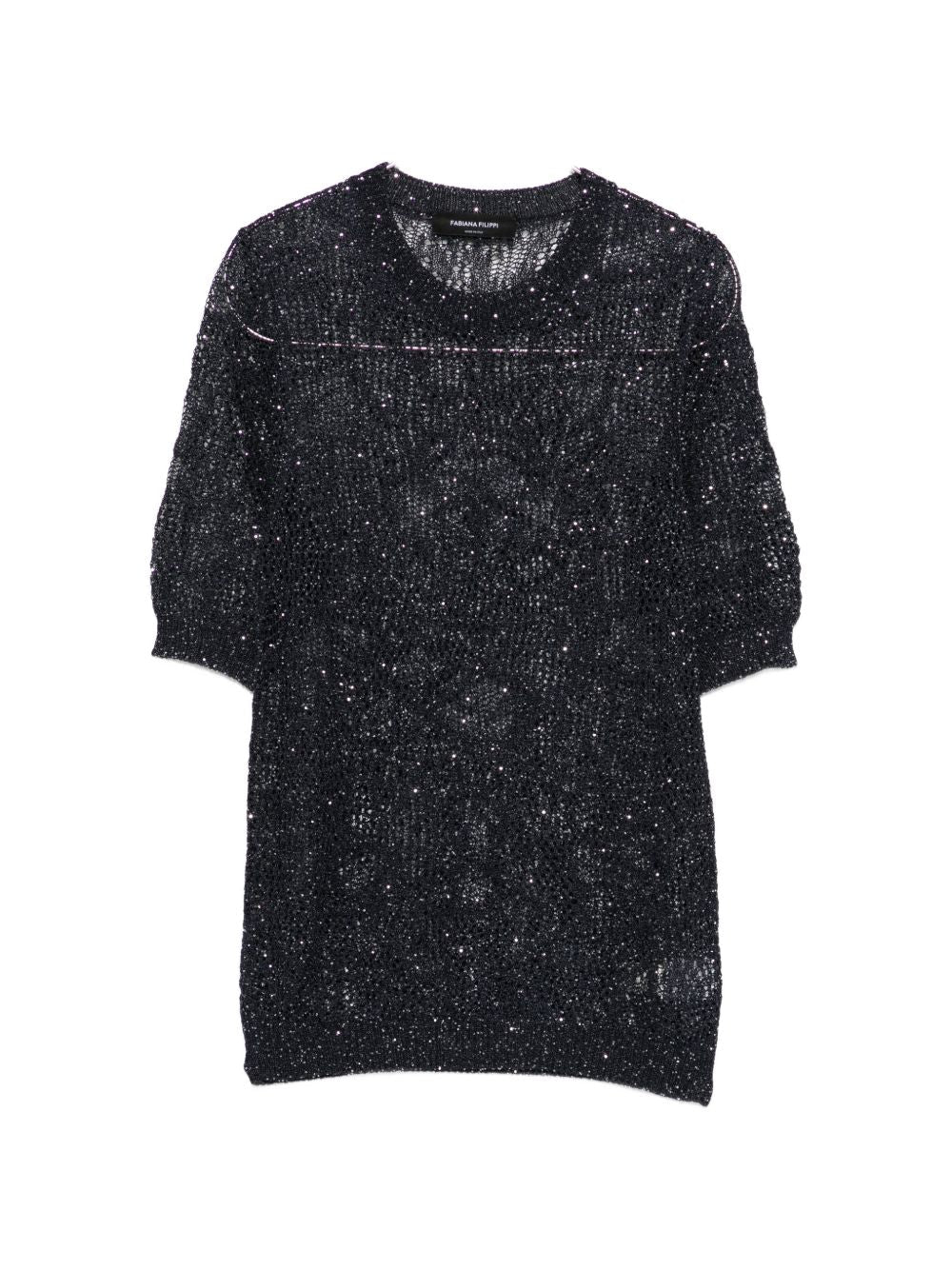 Fabiana Filippi Sparkle-Embellished Openwork T-shirt — Black