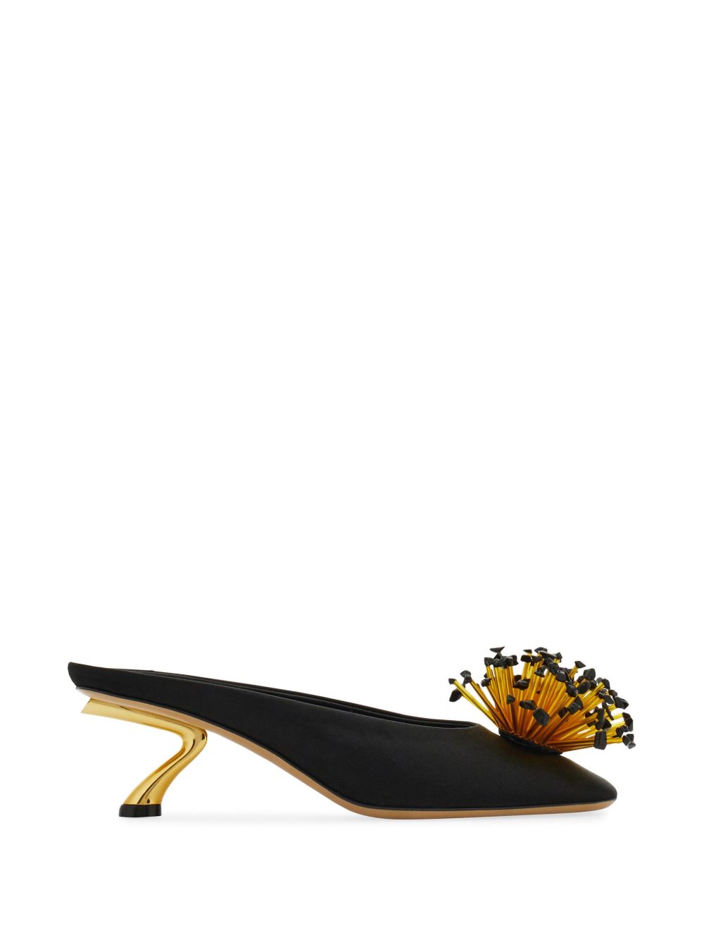Ferragamo S-Shaped Heel with Jeweled Embellishment Mule — Black