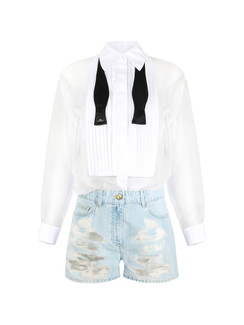 Elisabetta Franchi Distressed Denim Cropped Pant Suit — Ivory