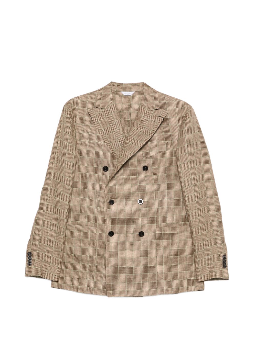 Boglioli Linen Check Double-Breasted Blazer — Brown