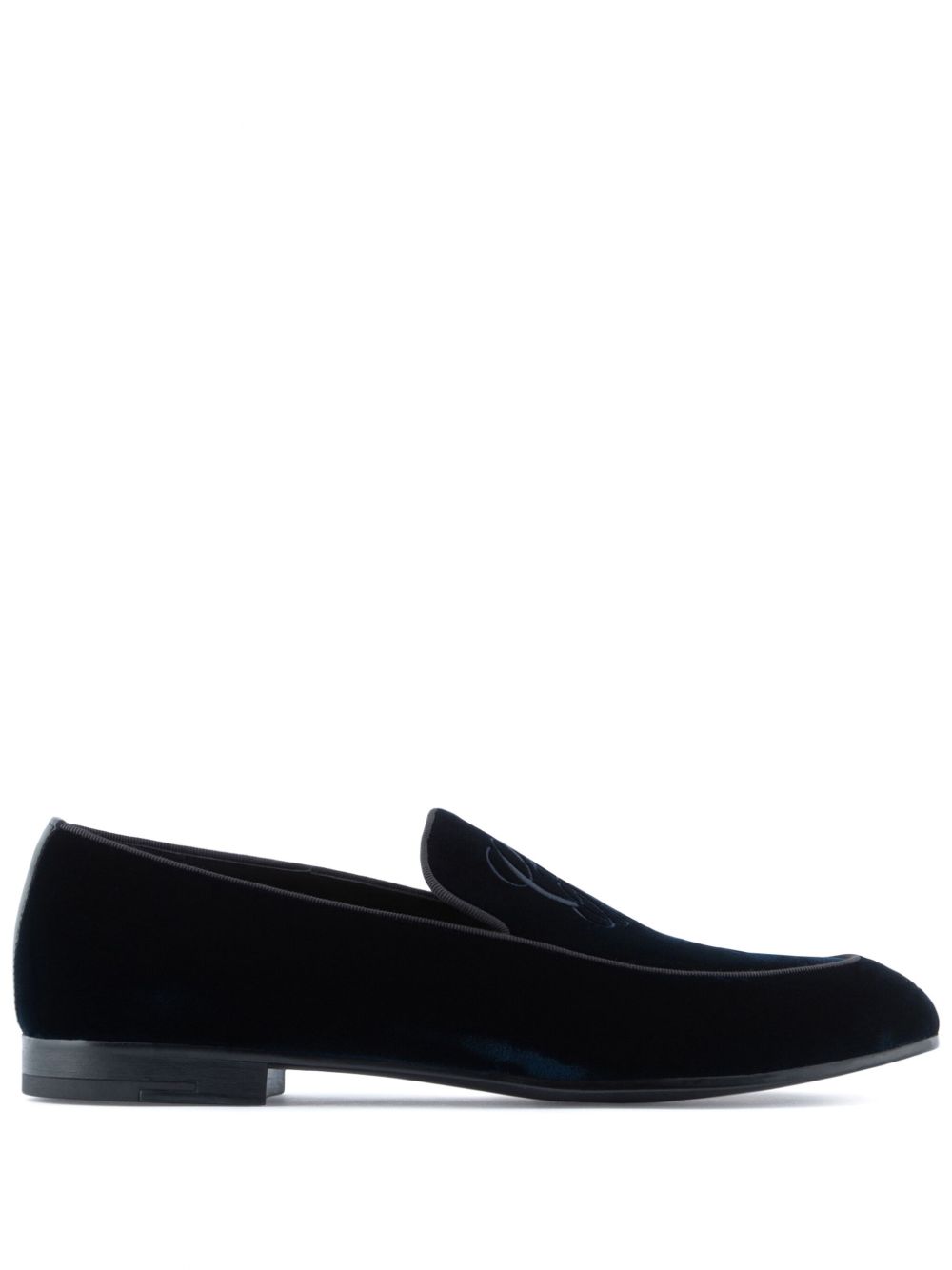 Giorgio Armani Embroidered Logo Velvet Loafers — Navy