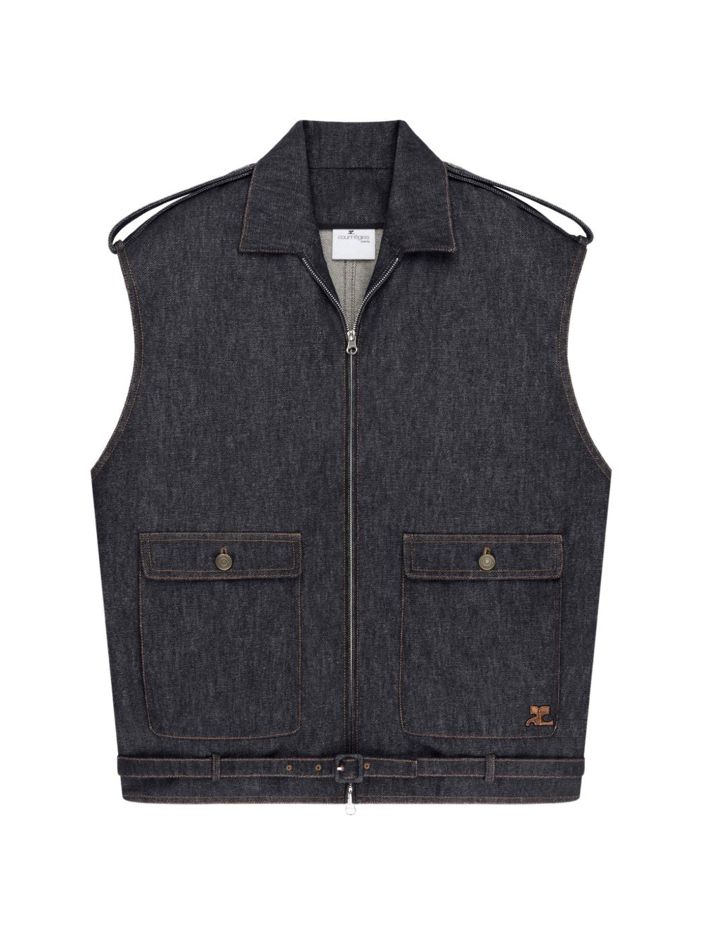 Courreges Denim Sleeveless Bomber Vest — Dark Blue