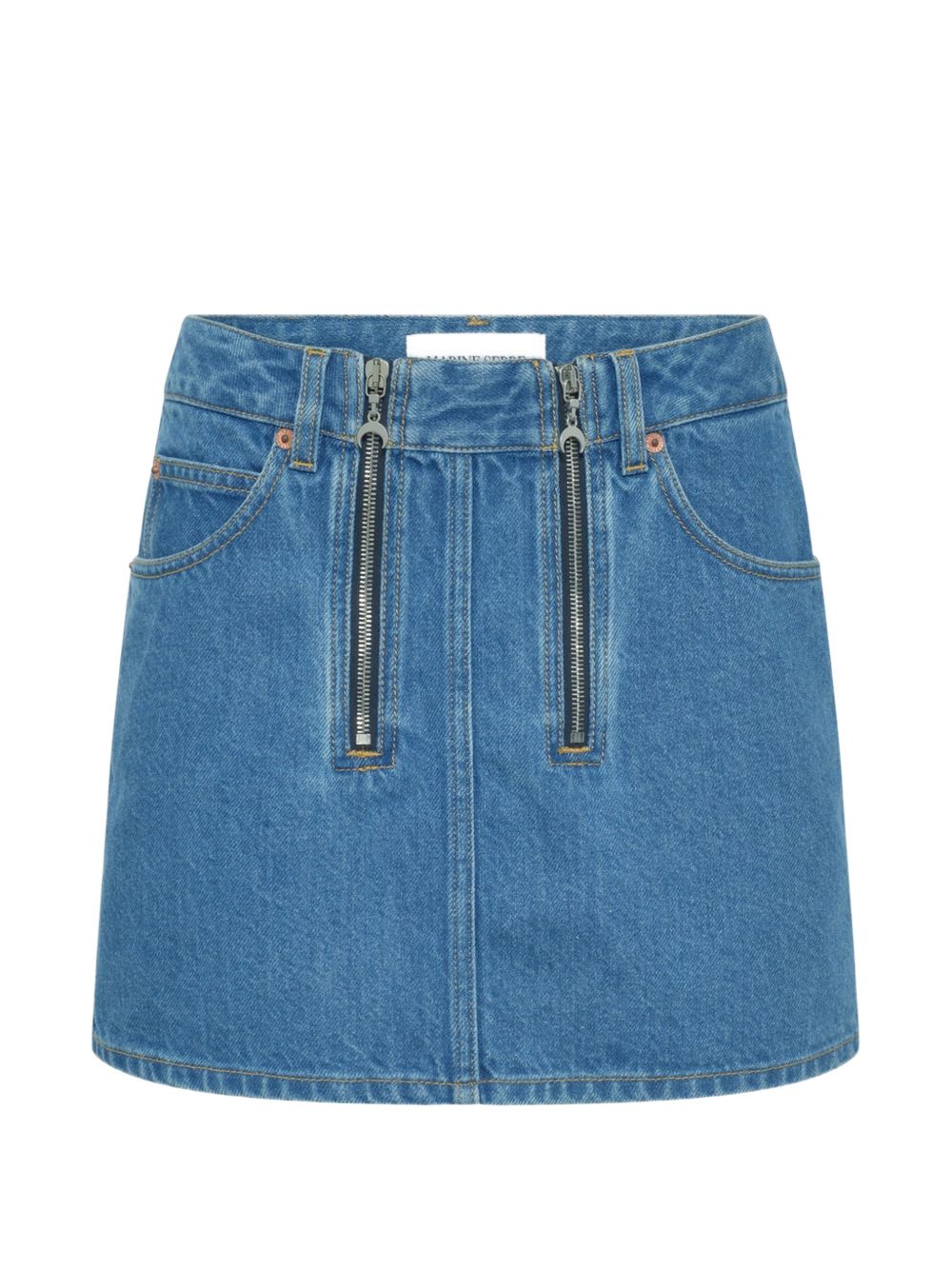 Marine Serre Zip-Front Denim Mini Skirt — Blue
