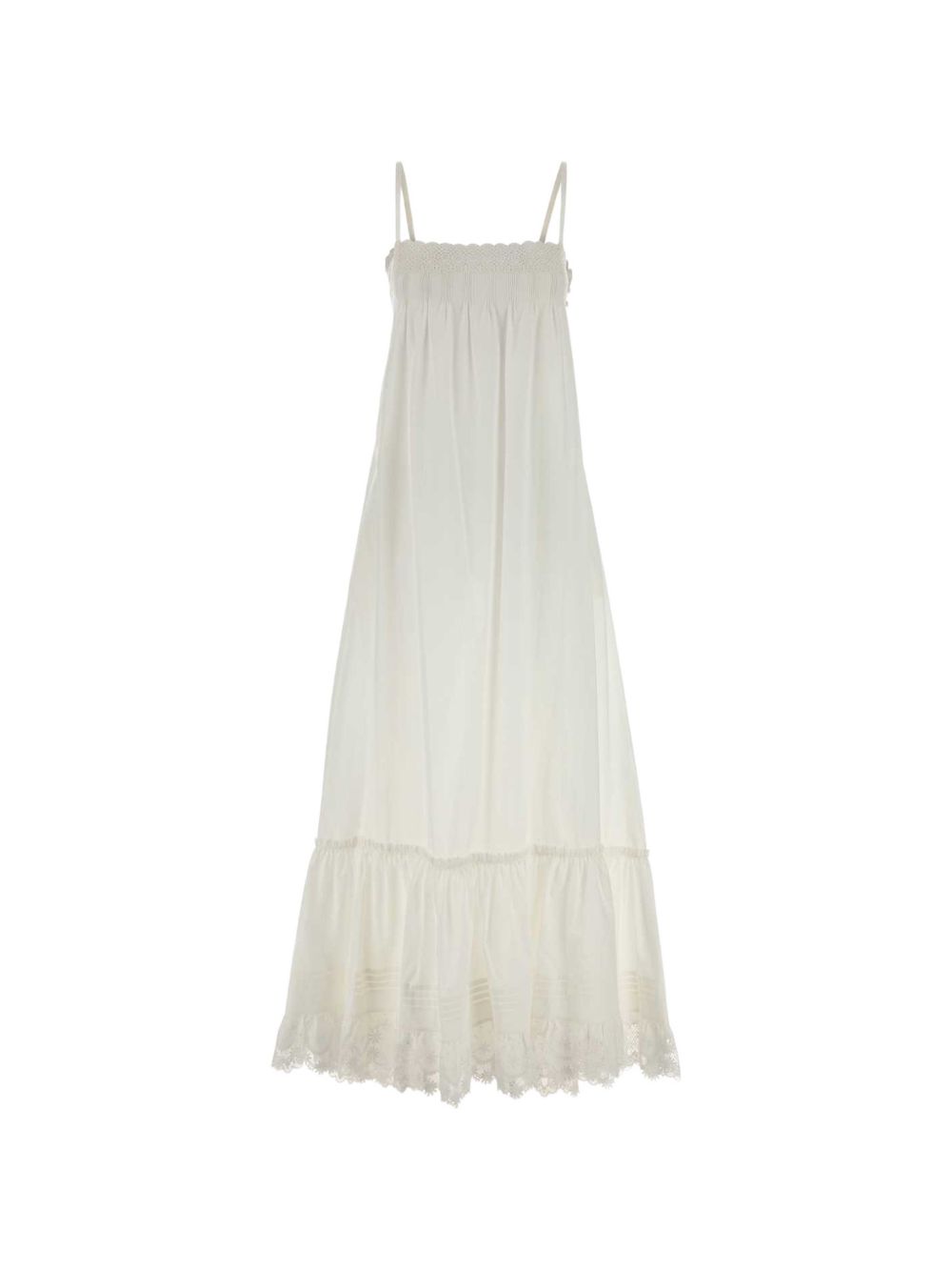 Saint Laurent Smocked Lace-Trim Dress — white