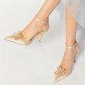 Point Toe Flower Silk Like Satin Buckle Wedding Shoes