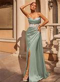 Sheath/Column V-Neck Sleeveless Silk Like Satin Floor-Length Prom Dress With Split Front