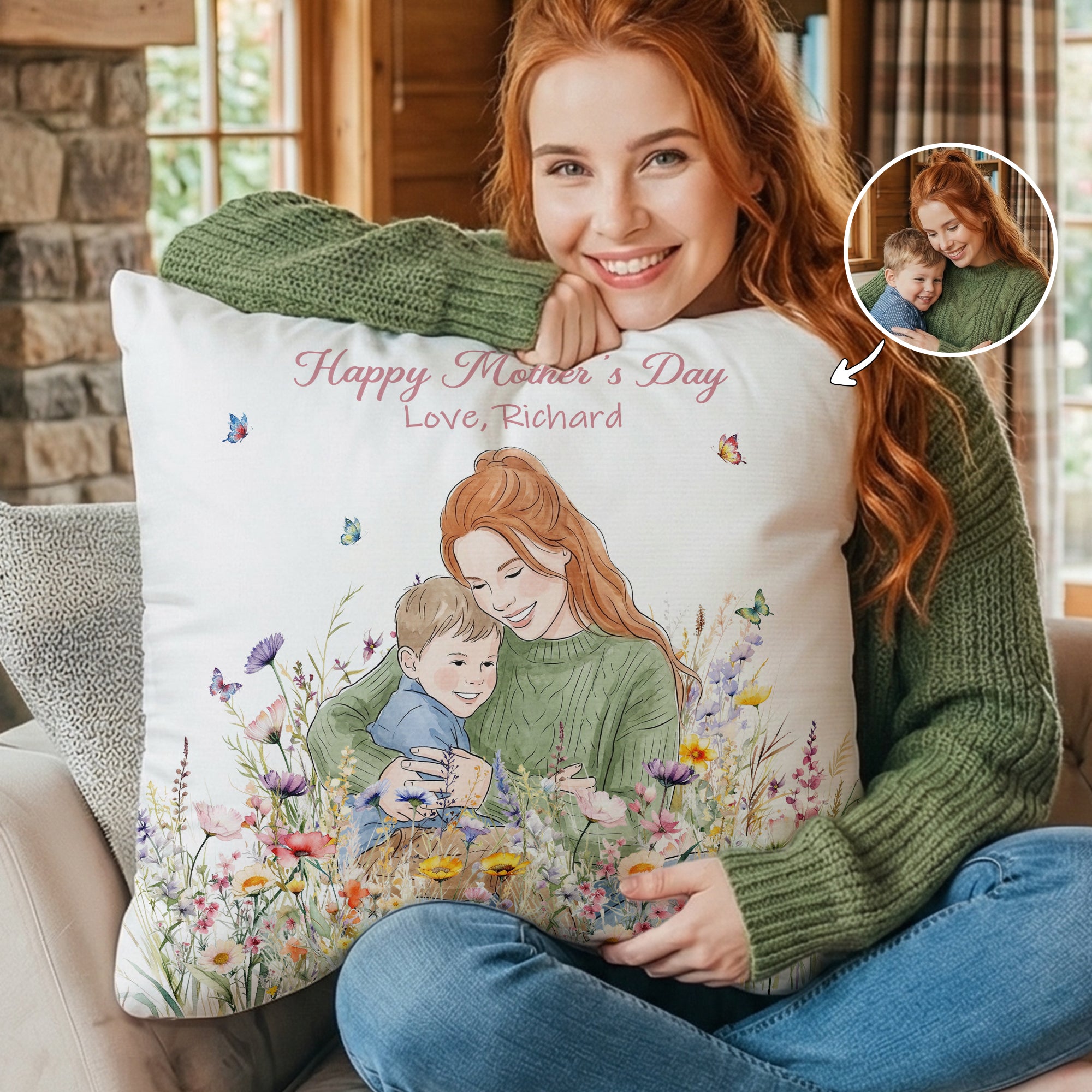 Acuarela Personalizada Estilo Pintado a Mano Foto Funda de Almohada con Nombre Decoración del Hogar Regalo del Día de la Madre para Mujer