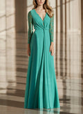 A-Line V-Neck 3/4 Sleeves Sweep Train Chiffon Evening Dresses