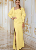 Sheath/Column Long Sleeves Evening Dresses Elastic Satin With Split Front