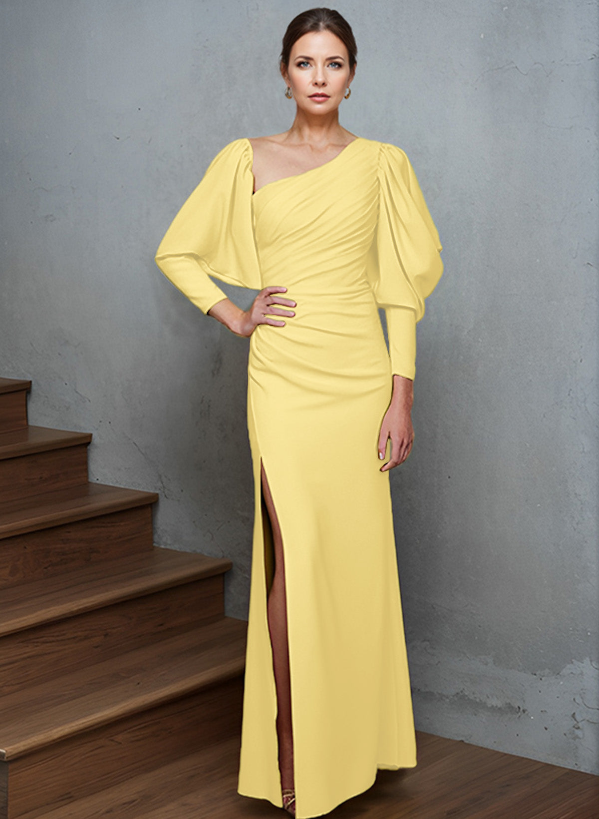 Sheath/Column Long Sleeves Asymmetrical Neck Mother Of The Bride Dresses With Split Front