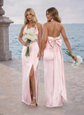 Unique Halter High Split Silk Like Satin Bridesmaid Dresses With Bow(s)