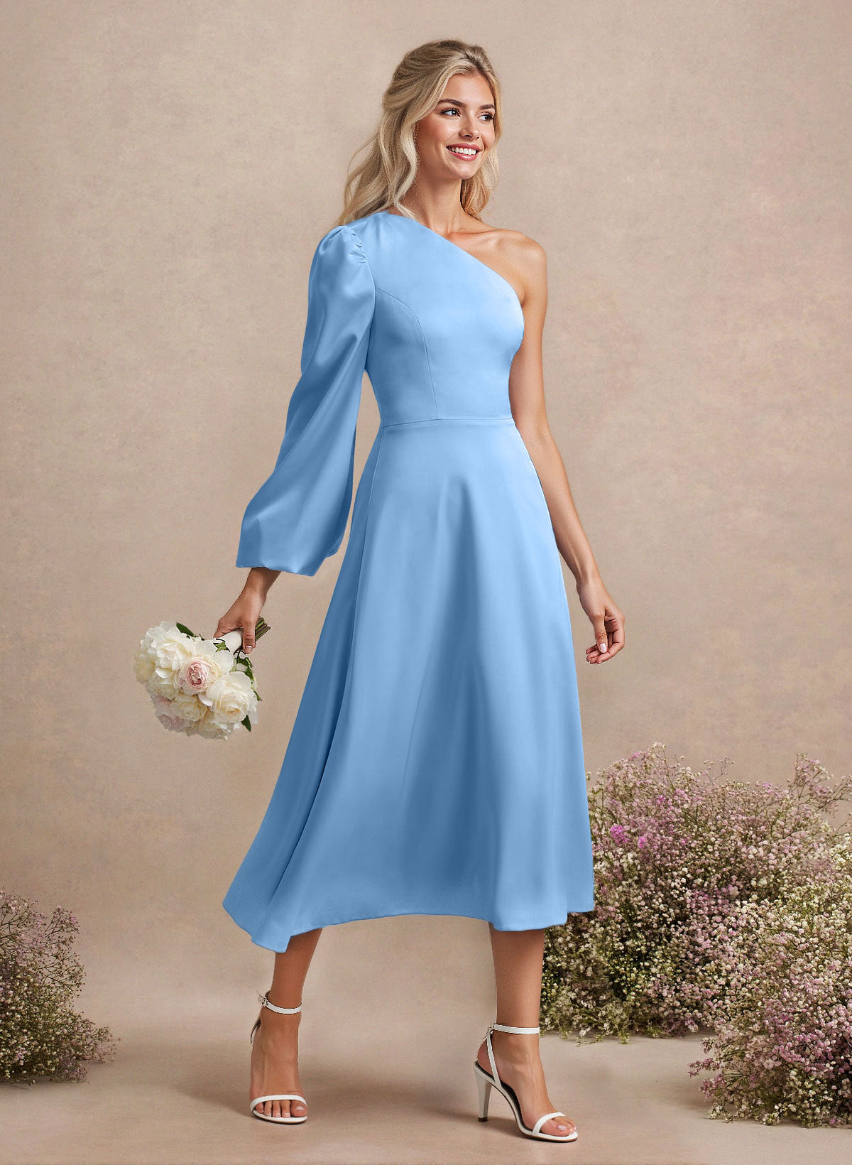Unique One-Shoulder Long Sleeves A-Line Tea-Length Acetate Satin