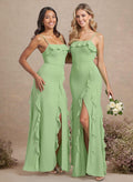 Unique Ruffle Square Neckline Floor-Length Chiffon Bridesmaid Dresses With High Split