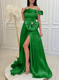 Unique Rhinestone Cold Shoulder Bow(s) A-Line High Split Sweep Train Prom Dresses