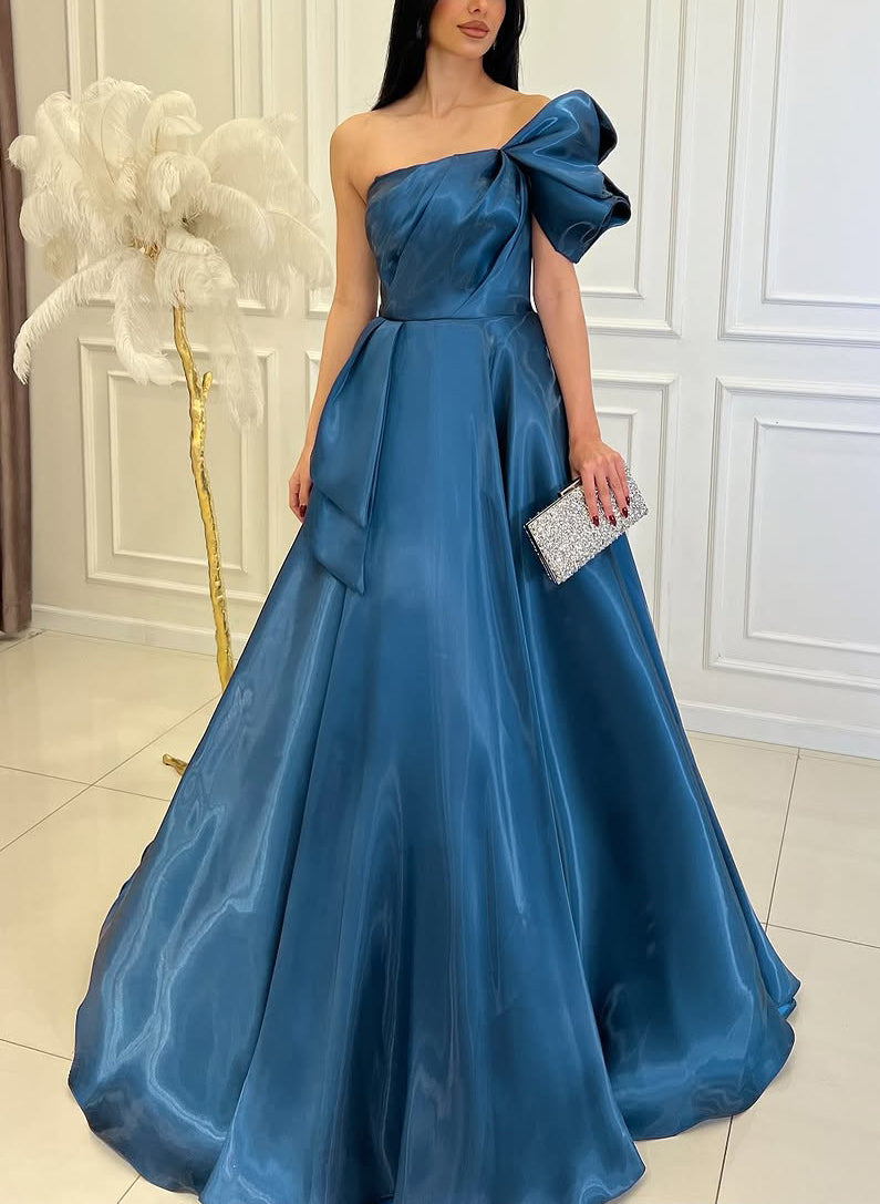 Shiny One-Shoulder Short Sleeves Ruffle A-Line Sweep Train Prom Dresses