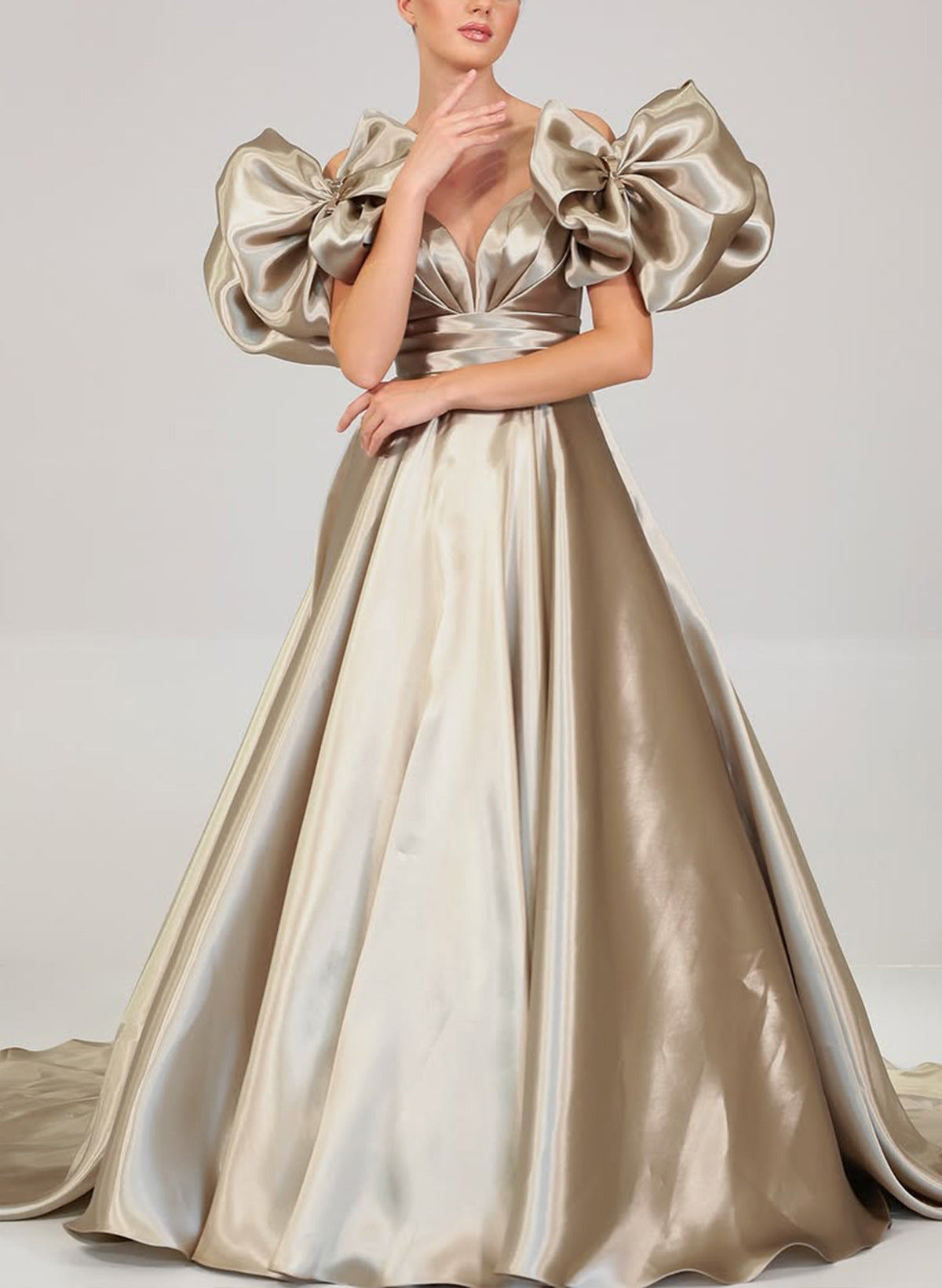 Sparkle & Shine Ball-Gown Off-The-Shoulder Court Train Evening Dresses With Bow(s)