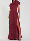 A-Line One-Shoulder Sleeveless Floor-Length Stretch Chiffon Evening Dresses With Ruffle/High Split