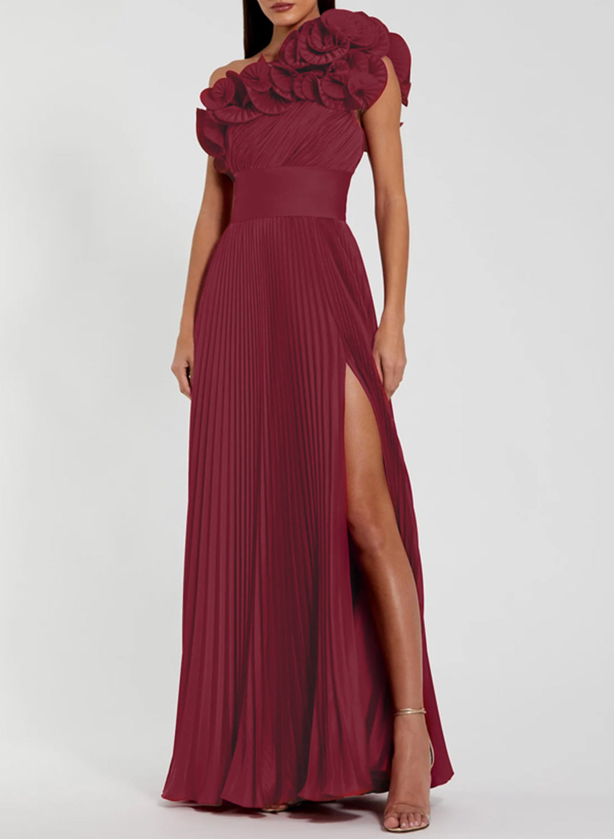 A-Line One-Shoulder Sleeveless Floor-Length Stretch Chiffon Evening Dresses With Ruffle/High Split