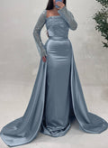 Sheath/Column Square Neckline Long Sleeves Detachable Crepe Satin Evening Dresses With Sequins