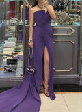 Classy Sleeveless Pleated Sweeping Side Drape Evening Dresses With High Split
