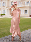 Unique Flower(s) Asymmetrical Length Pleated A-Line Stretch Chiffon Cocktail Dresses
