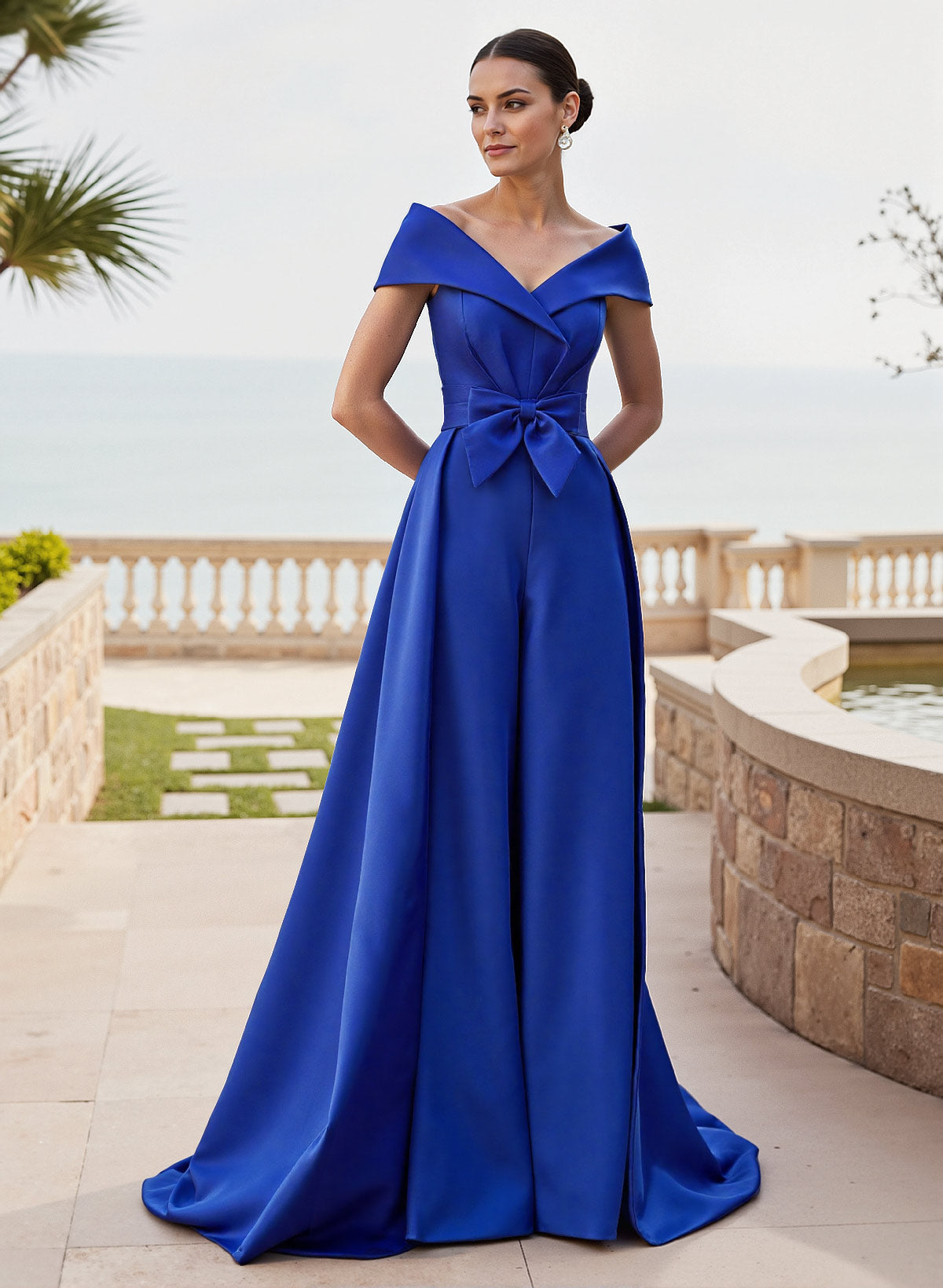 Off-The-Shoulder Bow(s) Sweep Train Matte Satin Mother Of The Bride Jumpsuit/Pantsuit