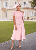Elegant One-Shoulder Short Sleeves Tea-Length Stretch Chiffon Mother Of The Bride Dresses With Beading