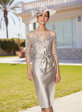 Elegant Sheath/Column Illusion Neck 1/2 Sleeves Knee-Length Satin Cocktail Dresses With Lace